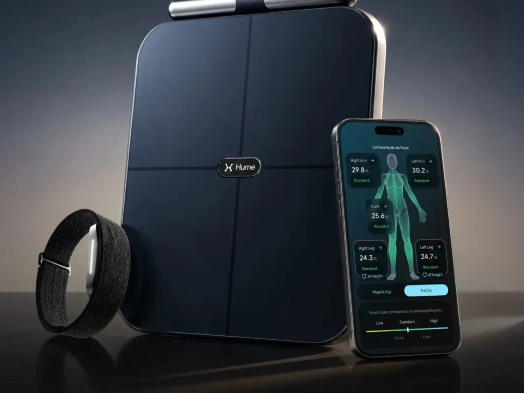 Hume Pod body composition scale and Hume Band 2.0 with the Hume Health app