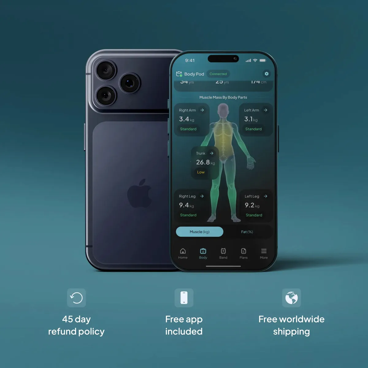 Hume Health app showing muscle mass for each arm, leg and trunk measured by the Hume Pod