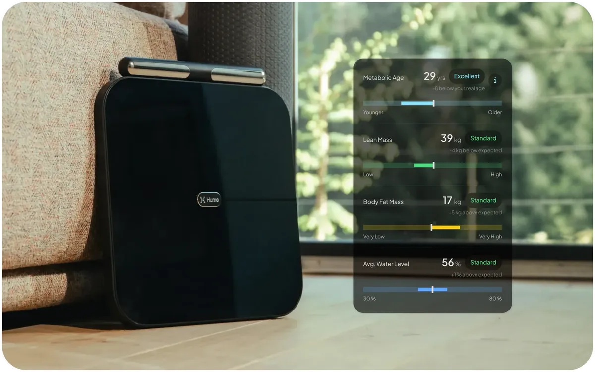 Hume Pod smart scale with body composition metrics from the Hume Health app