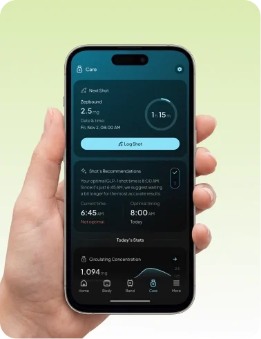 Hume app Care tab showing the next GLP-1 shot, dose, log button and optimal timing reminder
