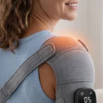 Kinessana shoulder massager worn on the shoulder with the heated wrap and digital controller on the upper arm