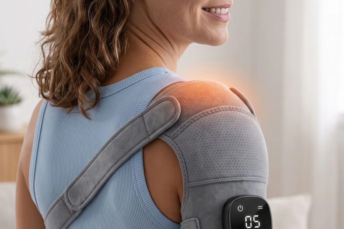 Kinessana shoulder massager worn on the shoulder with the heated wrap and digital controller on the upper arm