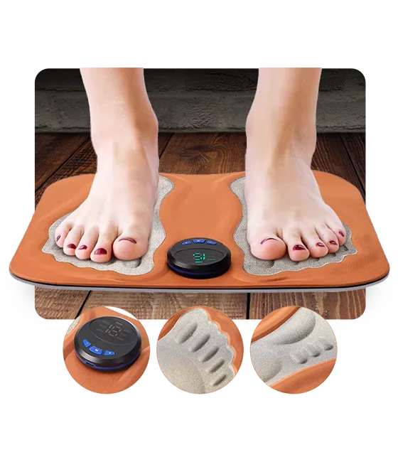 NeuroMat EMS foot massager pad with two foot-shaped fiber surfaces and a controller in the center