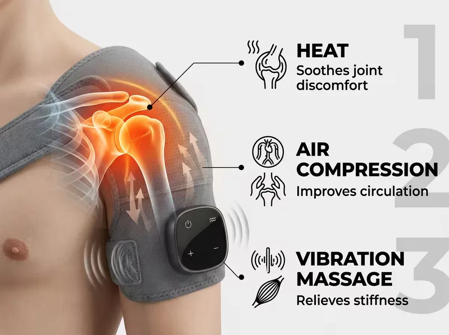 OptiJoint official graphic showing the three functions: heat, air compression and vibration massage on the shoulder