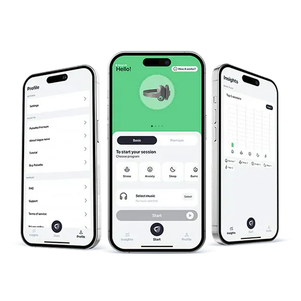 Pulsetto Lite companion app screens showing program selection for stress and sleep sessions and an insights tab
