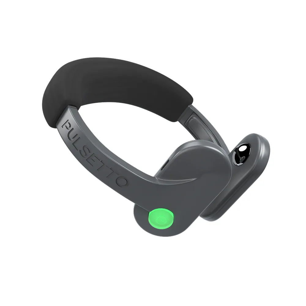 Pulsetto Lite neck-worn vagus nerve stimulator wellness device with soft neckband and green power button