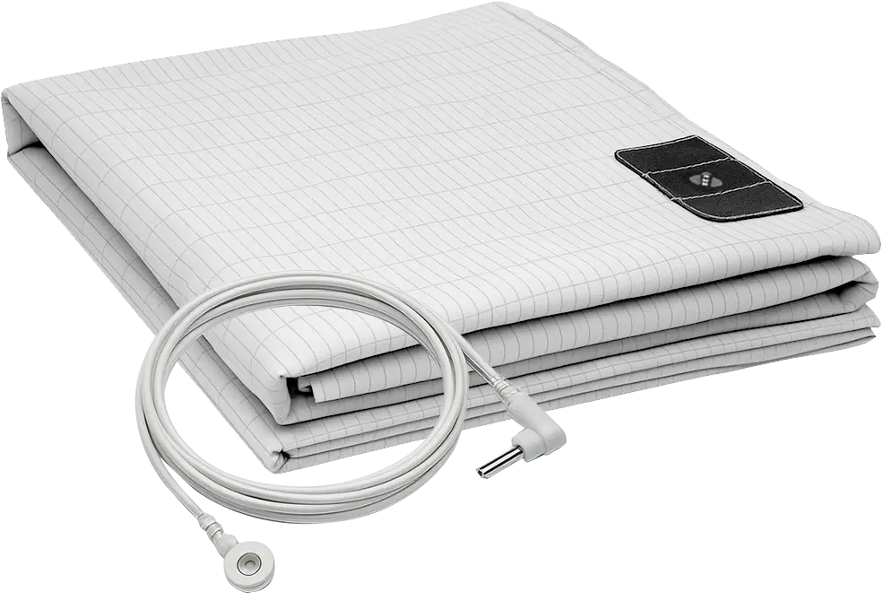 Folded Velin grounding sheet with the grounding cord and snap connector that plugs into the ground port of a wall outlet