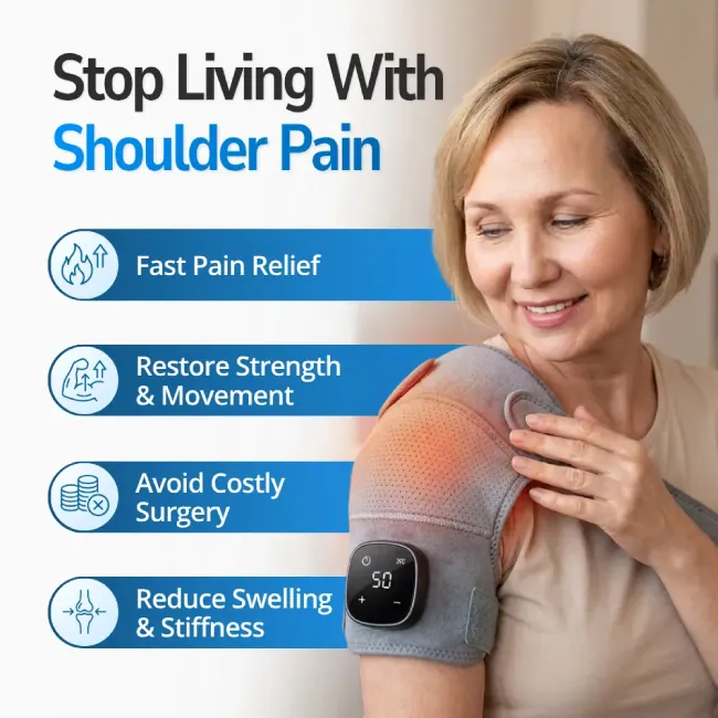 Vital Shoulder Massager worn on the shoulder during a hands-free session at home